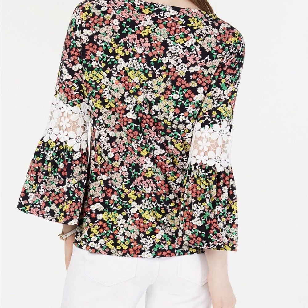 Tommy Hilfiger Multicolor Floral Boho Blouse with Lace Inset Bell Sleeves
